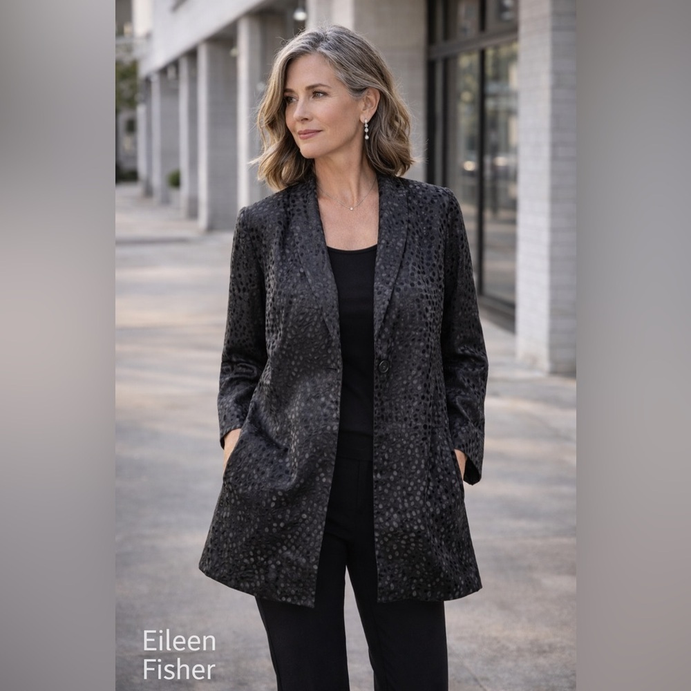 Eileen Fisher Petite 100% Silk Textured Long Blazer Jacket PS